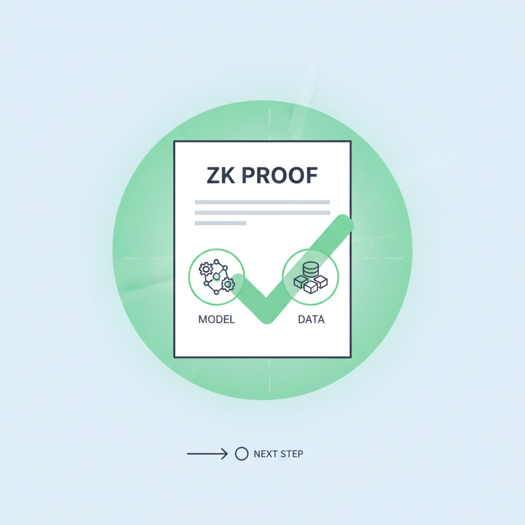 verification checkmark on ZK proof document with model and data icons, green success glow, professional diagram