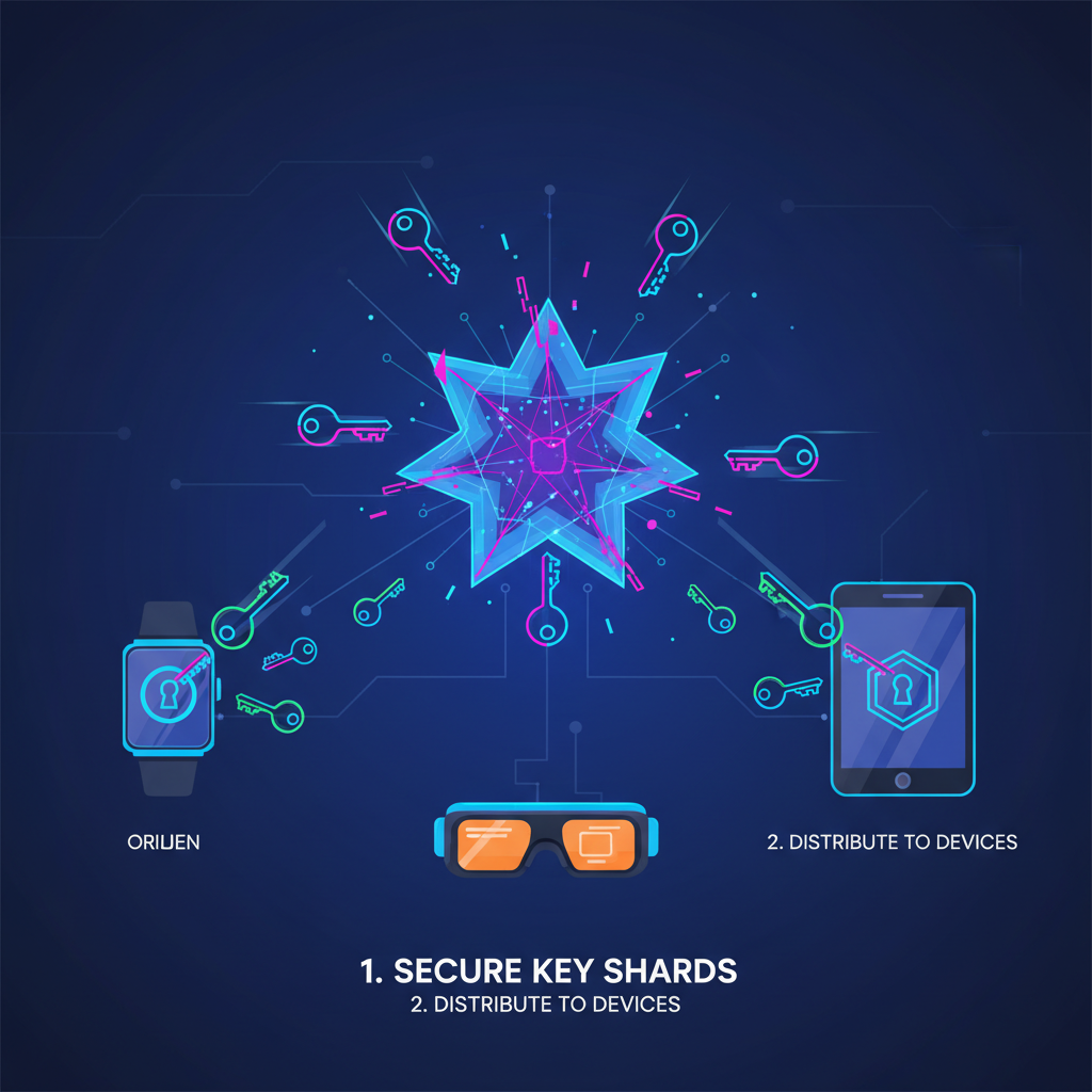 cyberpunk key shards exploding and distributing to secure devices, neon glow, futuristic