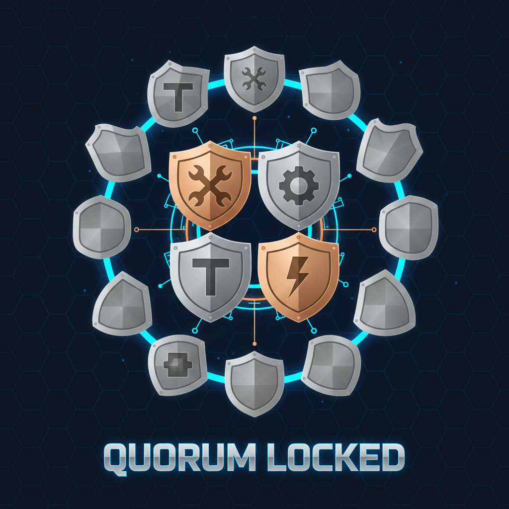 team icons in roles forming a quorum lock, metallic shields, high-energy digital art