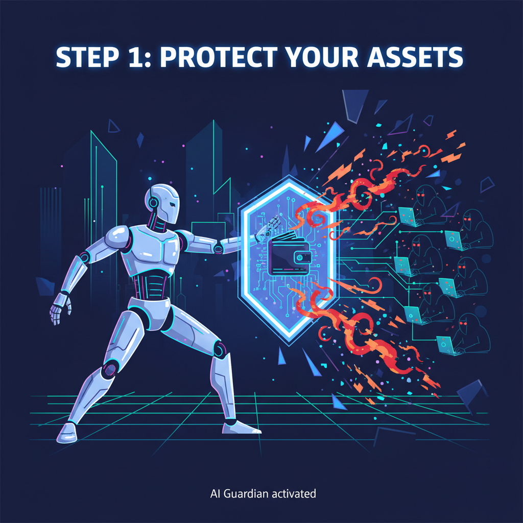 AI robot shielding wallet from phishing hackers, dramatic cyber battle, neon effects