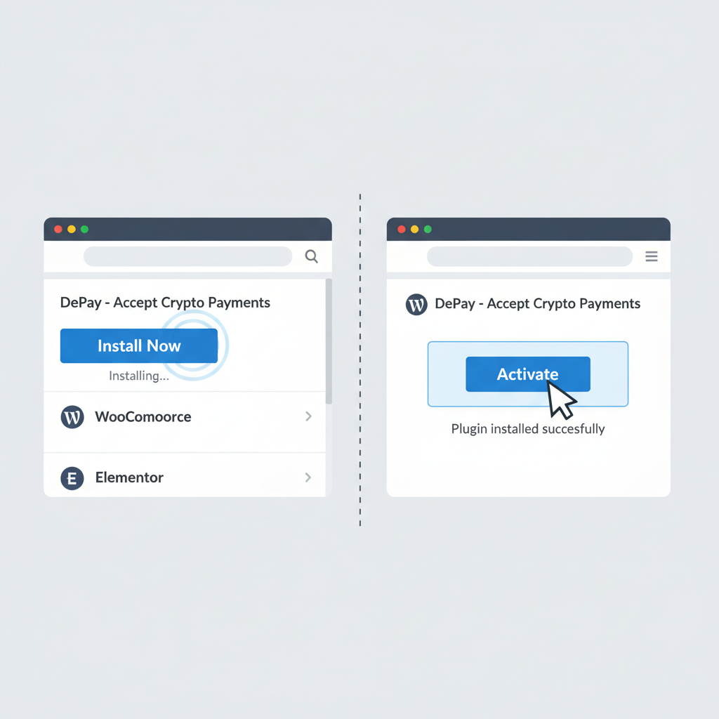 WordPress plugin install button clicked for DePay, activation screen