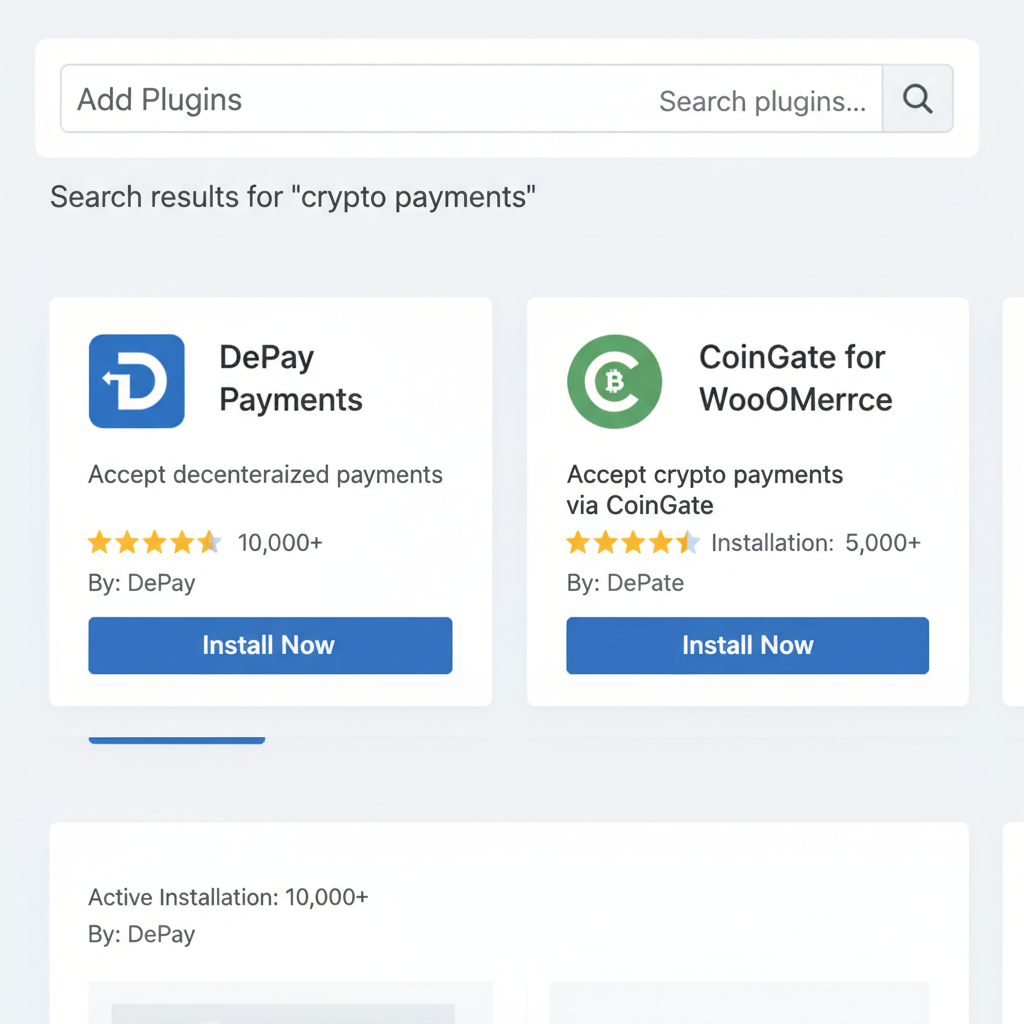 WordPress plugins search results showing DePay Payments and CoinGate plugins