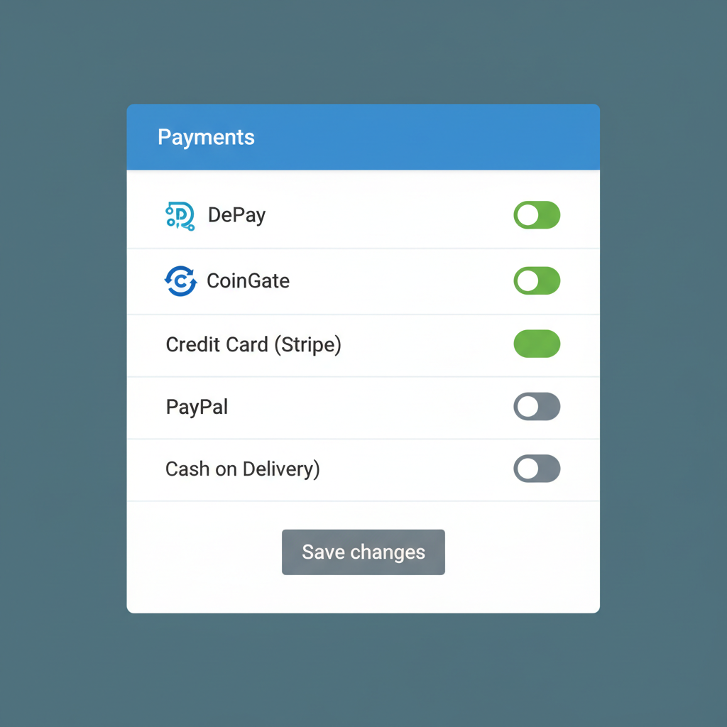 WooCommerce payments settings DePay or CoinGate options toggled
