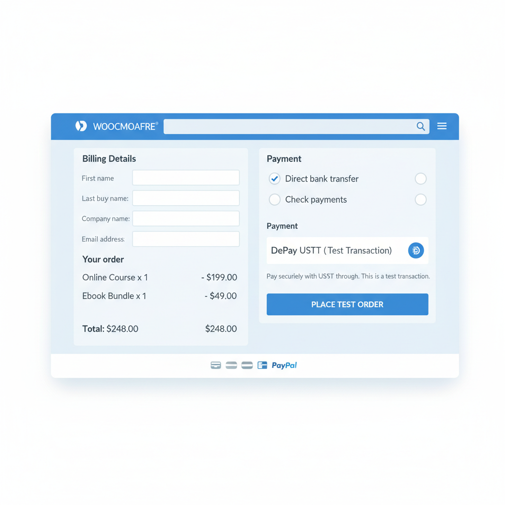 WooCommerce checkout page with DePay USDT payment selected, test transaction