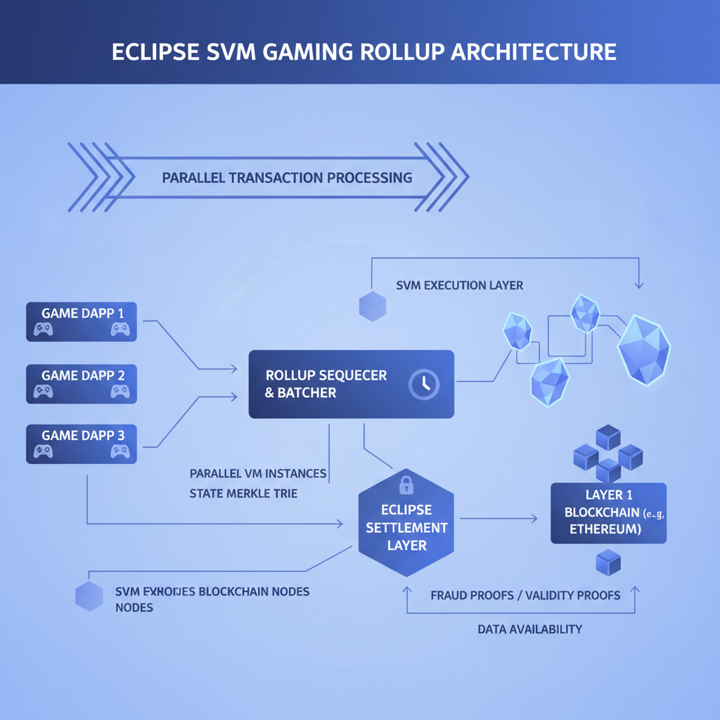 Eclipse SVM architecture diagram for gaming rollup, parallel transaction processing, futuristic blockchain nodes, blue and purple tones