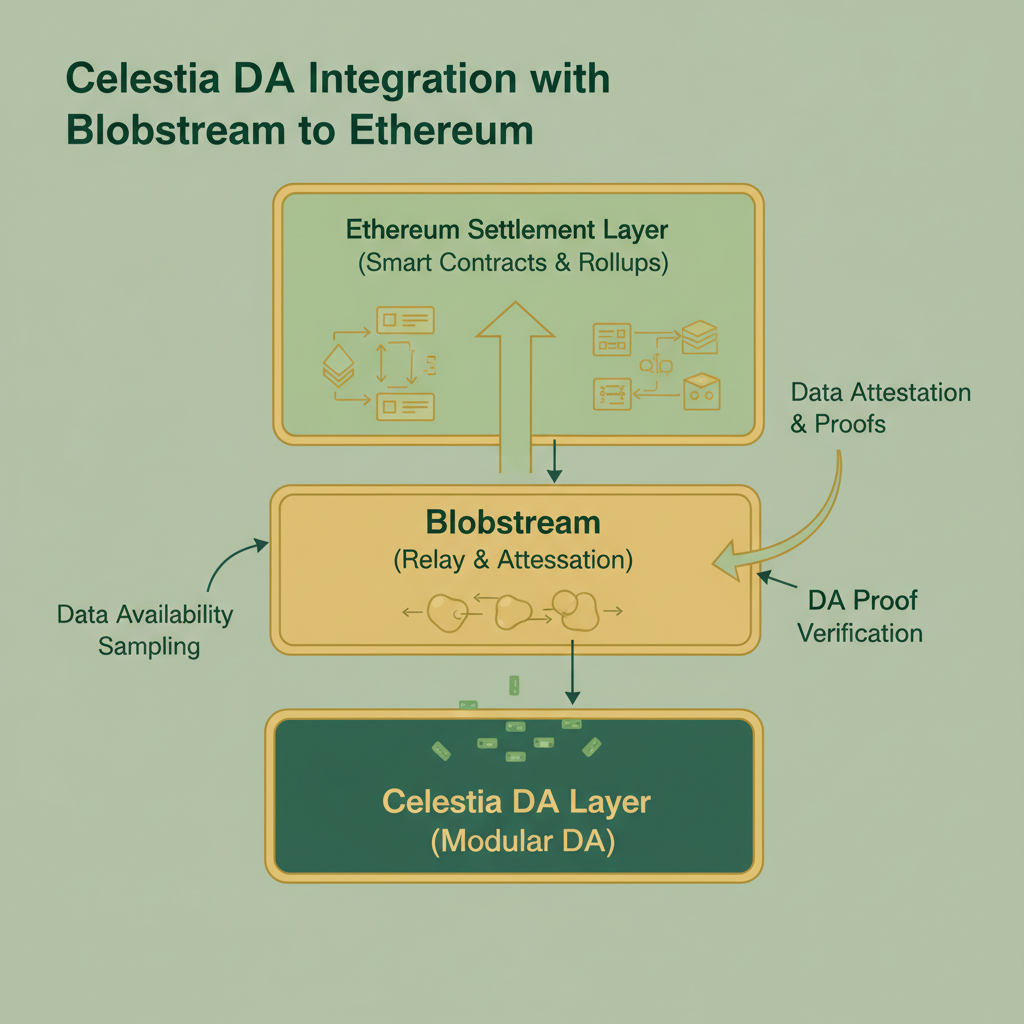 Celestia DA integration with Blobstream to Ethereum, data flow diagram, modular blockchain layers, green and gold hues