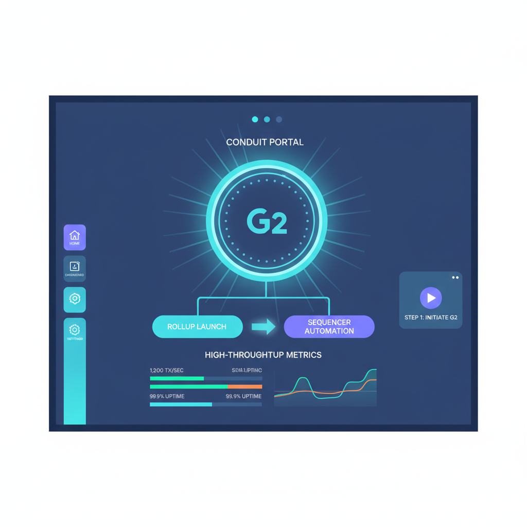 Conduit portal dashboard launching rollup, sequencer automation with G2, high-throughput metrics display, sleek UI modern tech
