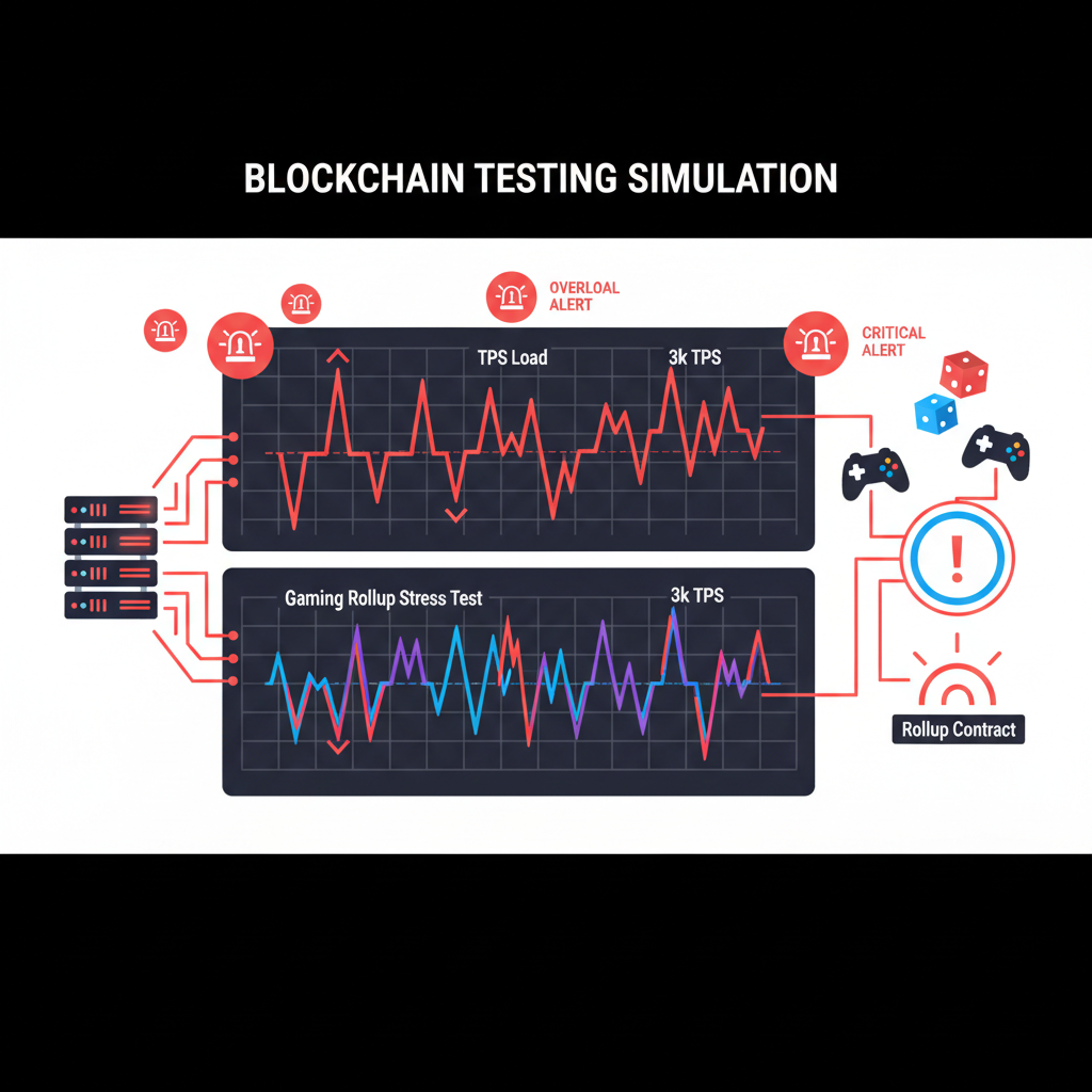 Blockchain testing simulation 3k TPS load, graphs spiking, gaming rollup stress test visualization, red and orange alerts