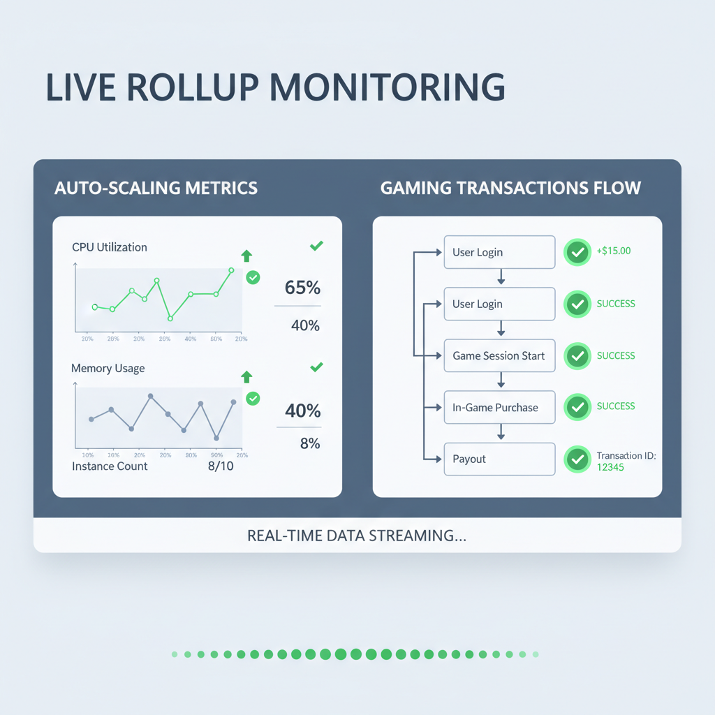 Live rollup dashboard monitoring, auto-scaling metrics, gaming transactions flowing, green success indicators professional UI
