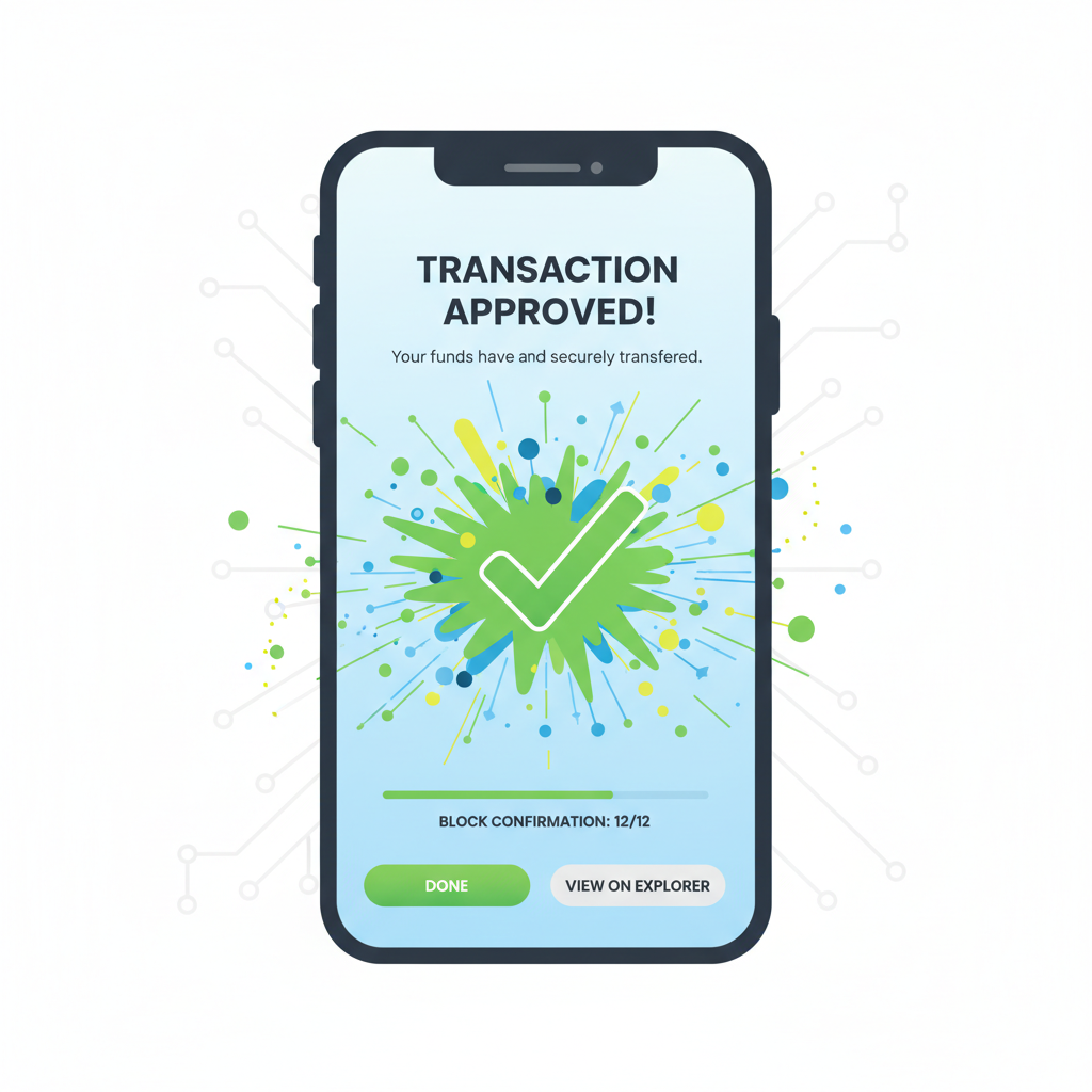 approval transaction screen on blockchain wallet, green checkmark exploding, dynamic energy burst