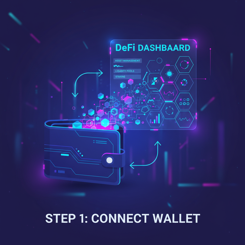 futuristic wallet connecting to neon DeFi dashboard, cyberpunk style, vibrant blues and purples