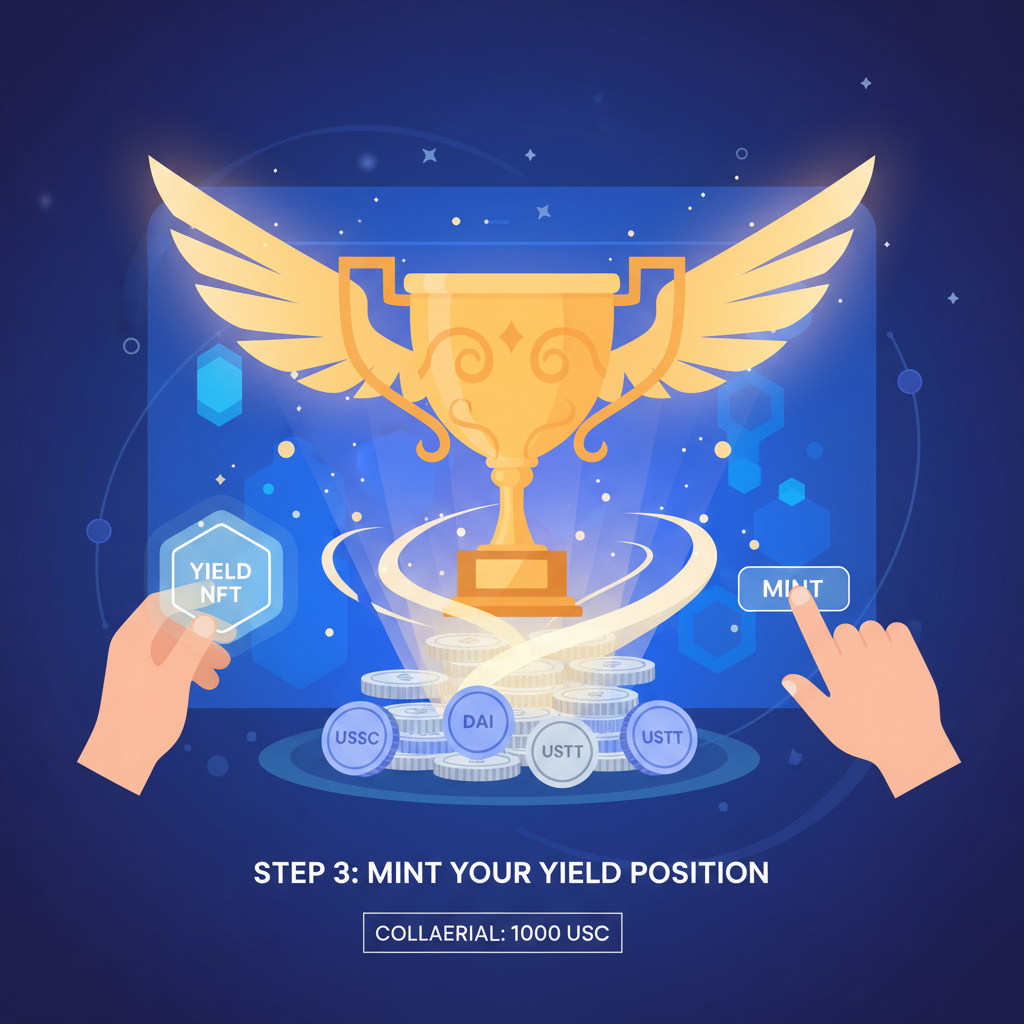 minting yield position NFT in DeFi app, golden trophy emerging from stablecoins, epic fantasy glow