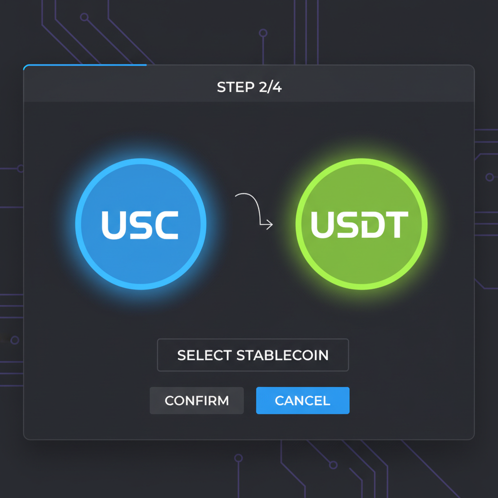 sleek DeFi interface selecting USDC USDT icons, glowing stablecoin symbols, dark mode high-tech
