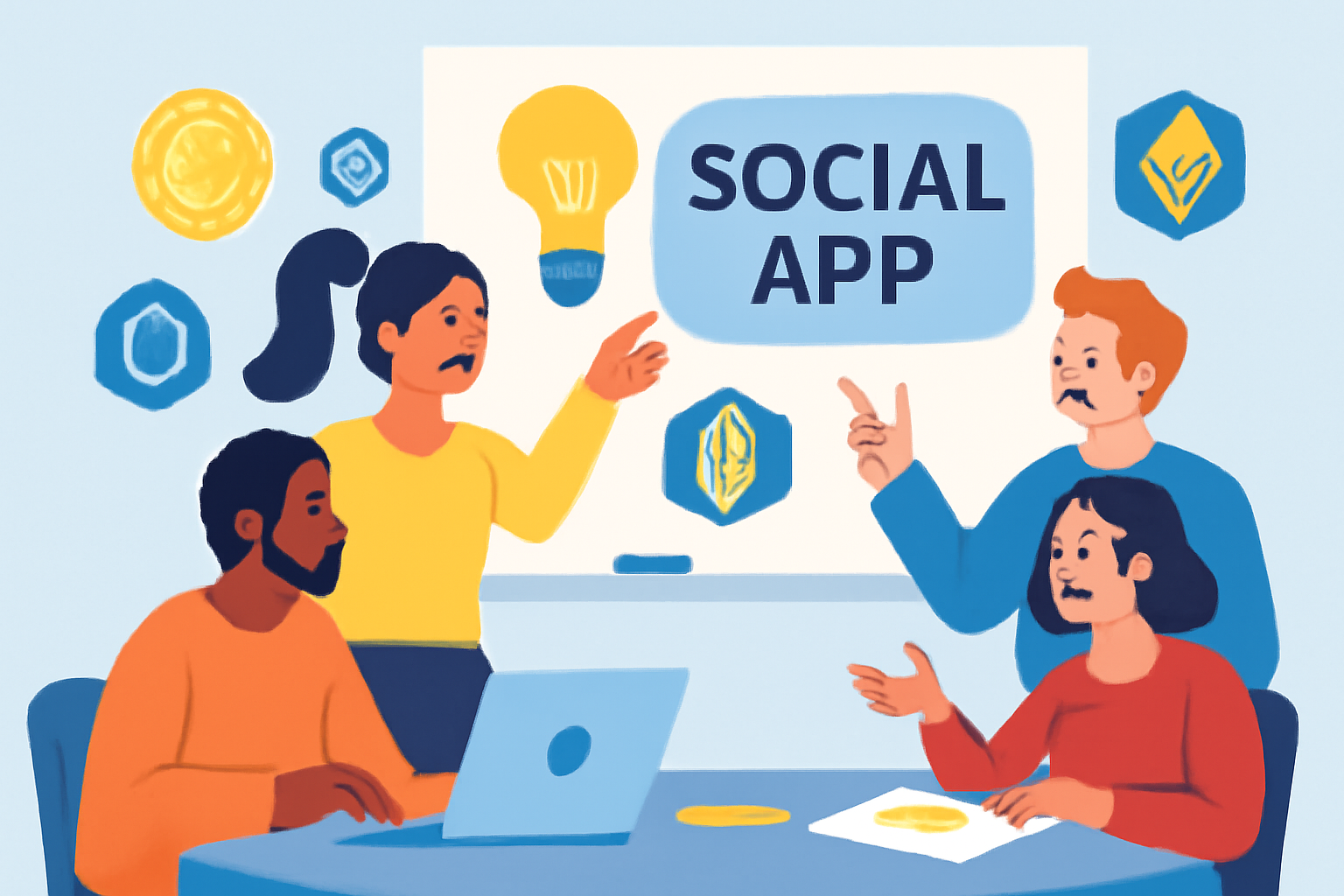 A group of diverse people brainstorming ideas for a futuristic social app, with digital tokens and blockchain symbols floating around a whiteboard, vibrant and modern style