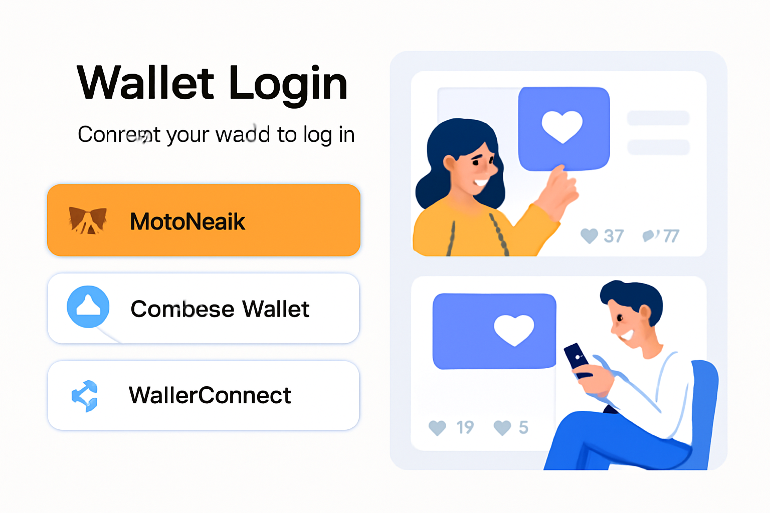 A modern web app interface with wallet login buttons, clean UI elements, and users interacting with social posts, in a bright, engaging style