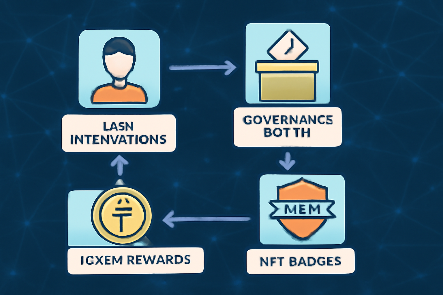 A flowchart showing user interactions, token rewards, governance voting, and NFT badges, all interconnected over a digital network backdrop