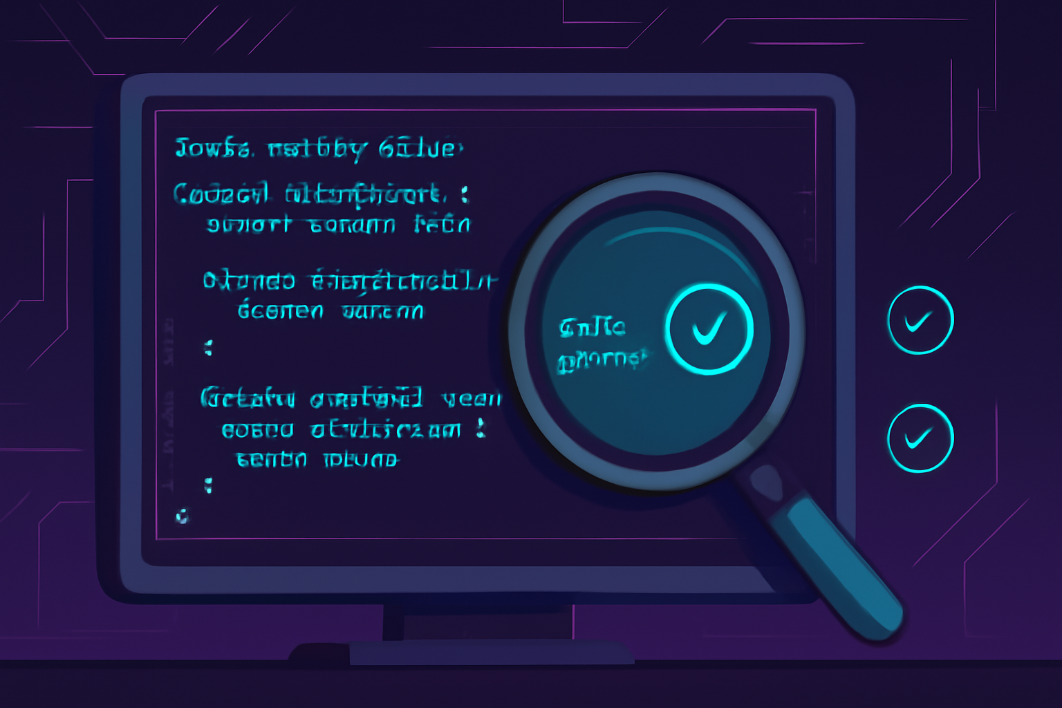 Code snippets of Solidity smart contracts on a screen, with a magnifying glass highlighting secure code and audit checkmarks, cyberpunk style