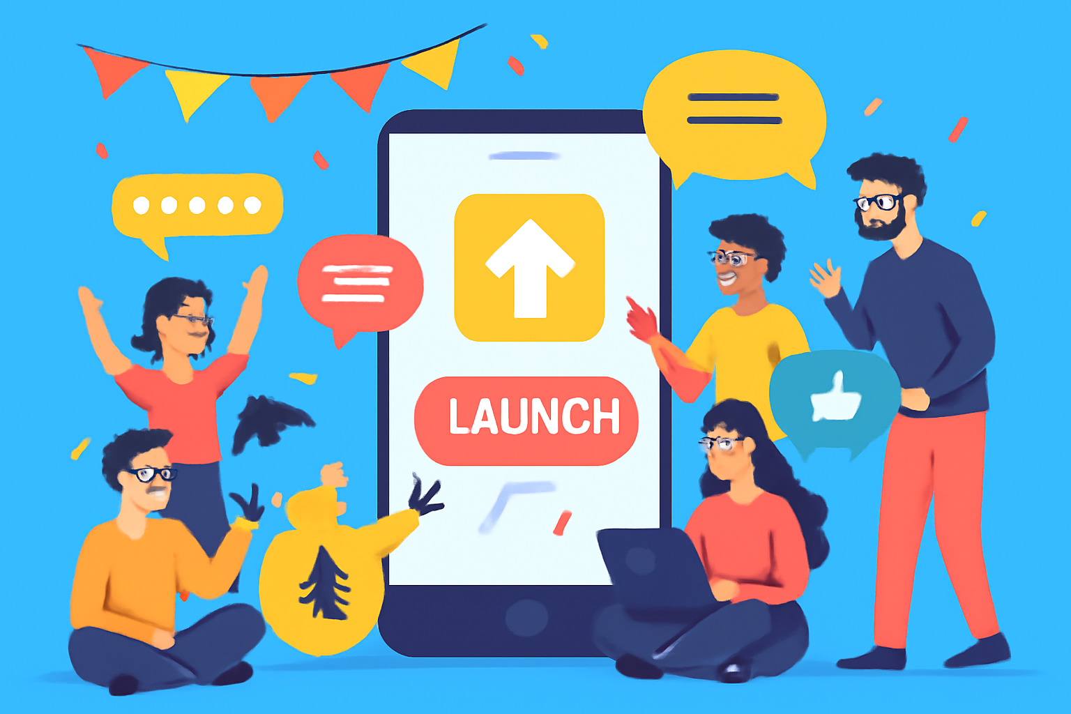 A lively online community celebrating a new app launch, with feedback bubbles, bug icons, and developers interacting with users, festive and dynamic