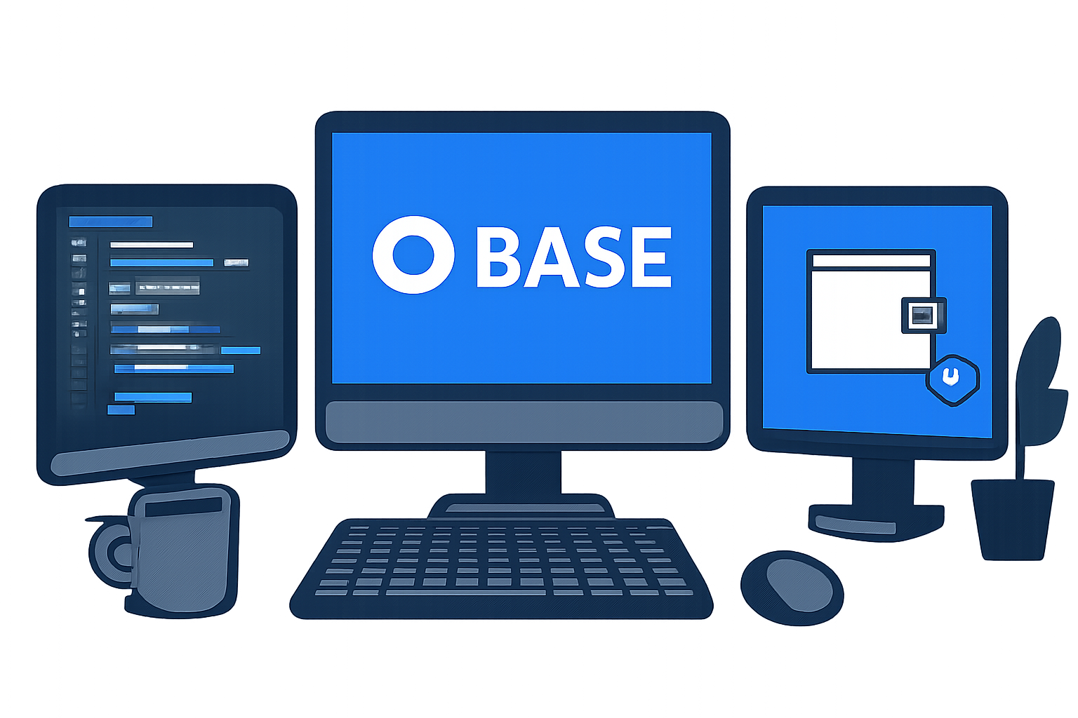 A developer workspace with multiple monitors displaying code, Base blockchain logos, and wallet icons, in a sleek, tech-forward environment