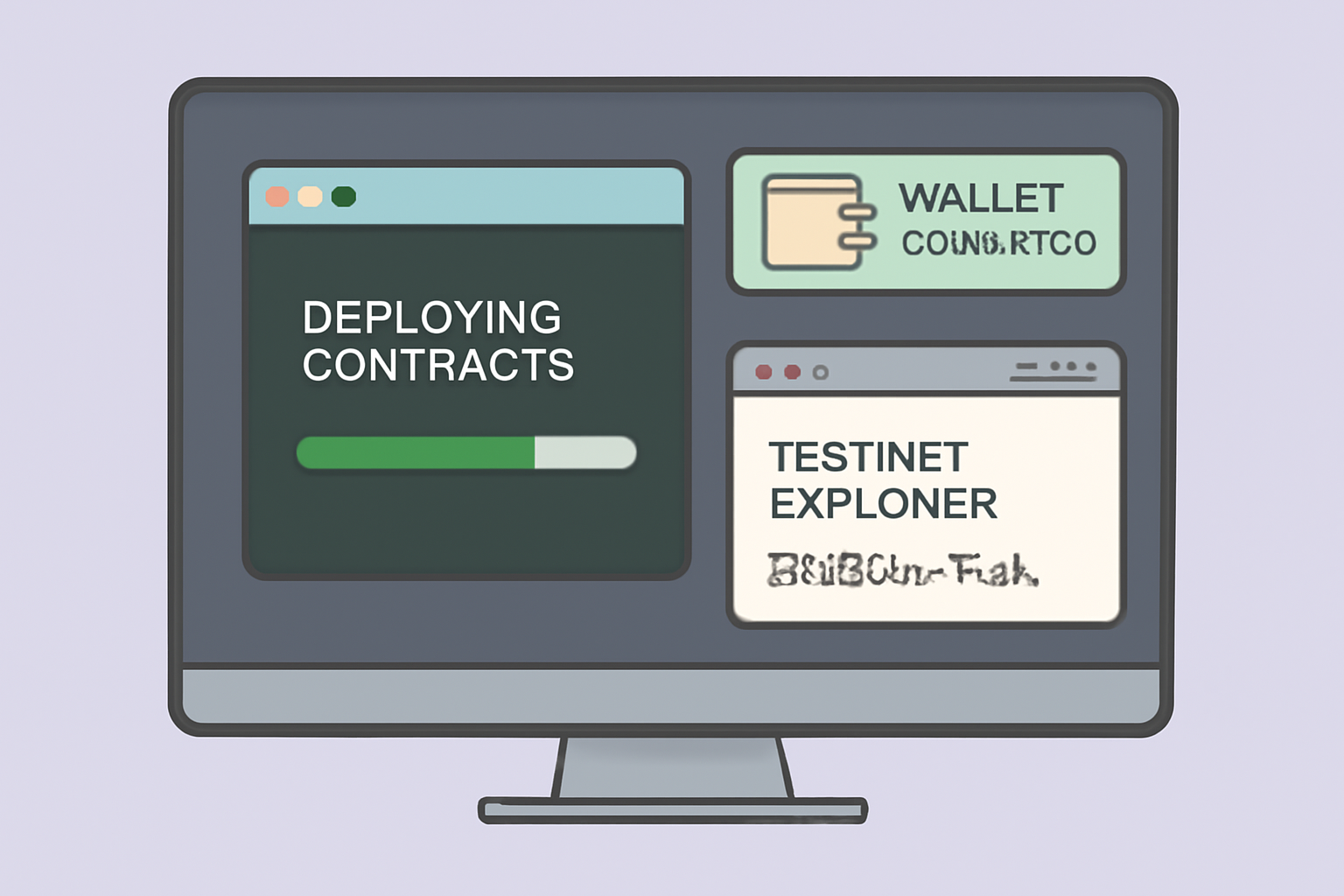 A terminal deploying contracts with a progress bar, a wallet connected, and a testnet explorer open showing the new contract address.