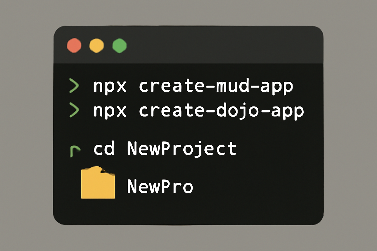 A terminal window showing the commands 'npx create-mud-app' and 'npx create-dojo-app' with a new project folder being created.