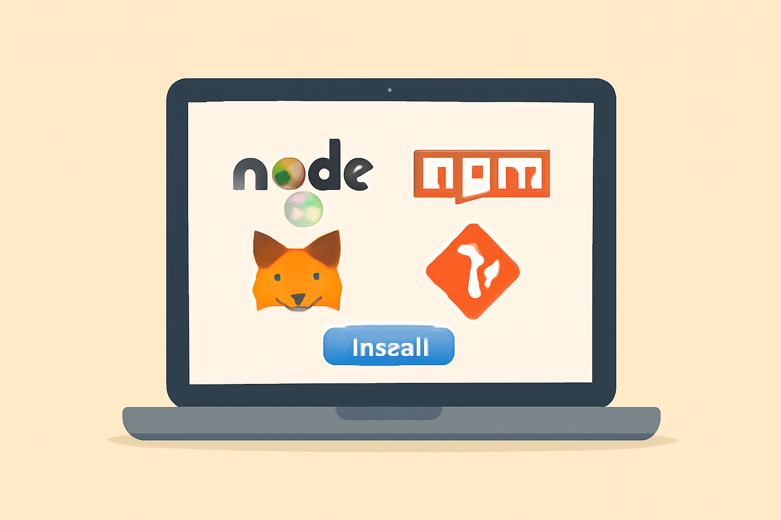 A laptop screen displaying Node.js, npm, MetaMask, and Git icons together, ready for installation.