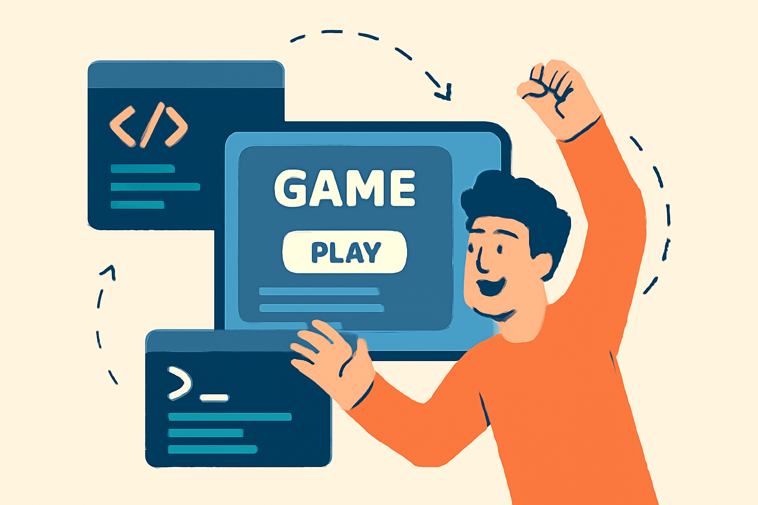 A person excitedly interacting with a game interface, code editor and terminal in the background, showing rapid iteration.