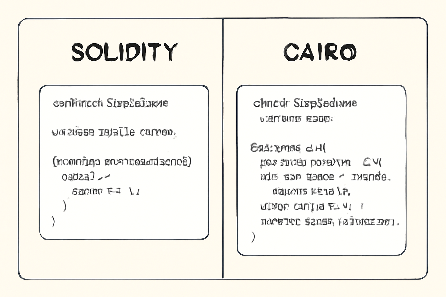 A split-screen showing Solidity code on one side and Cairo code on the other, both representing simple game contracts.