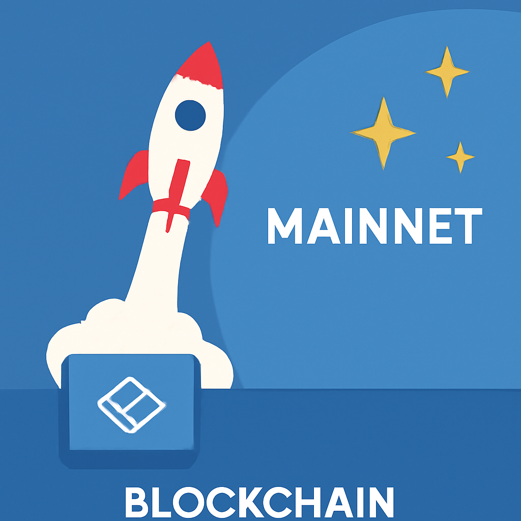 rocket launching from blockchain platform to mainnet stars production go-live success scene