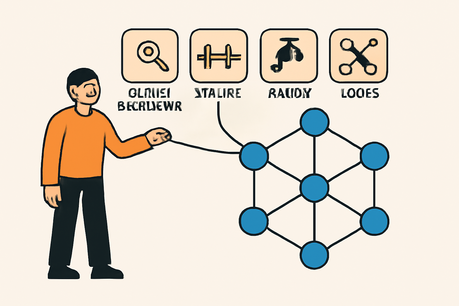 developer connecting icons of block explorer bridge faucet tools to chain diagram connected nodes