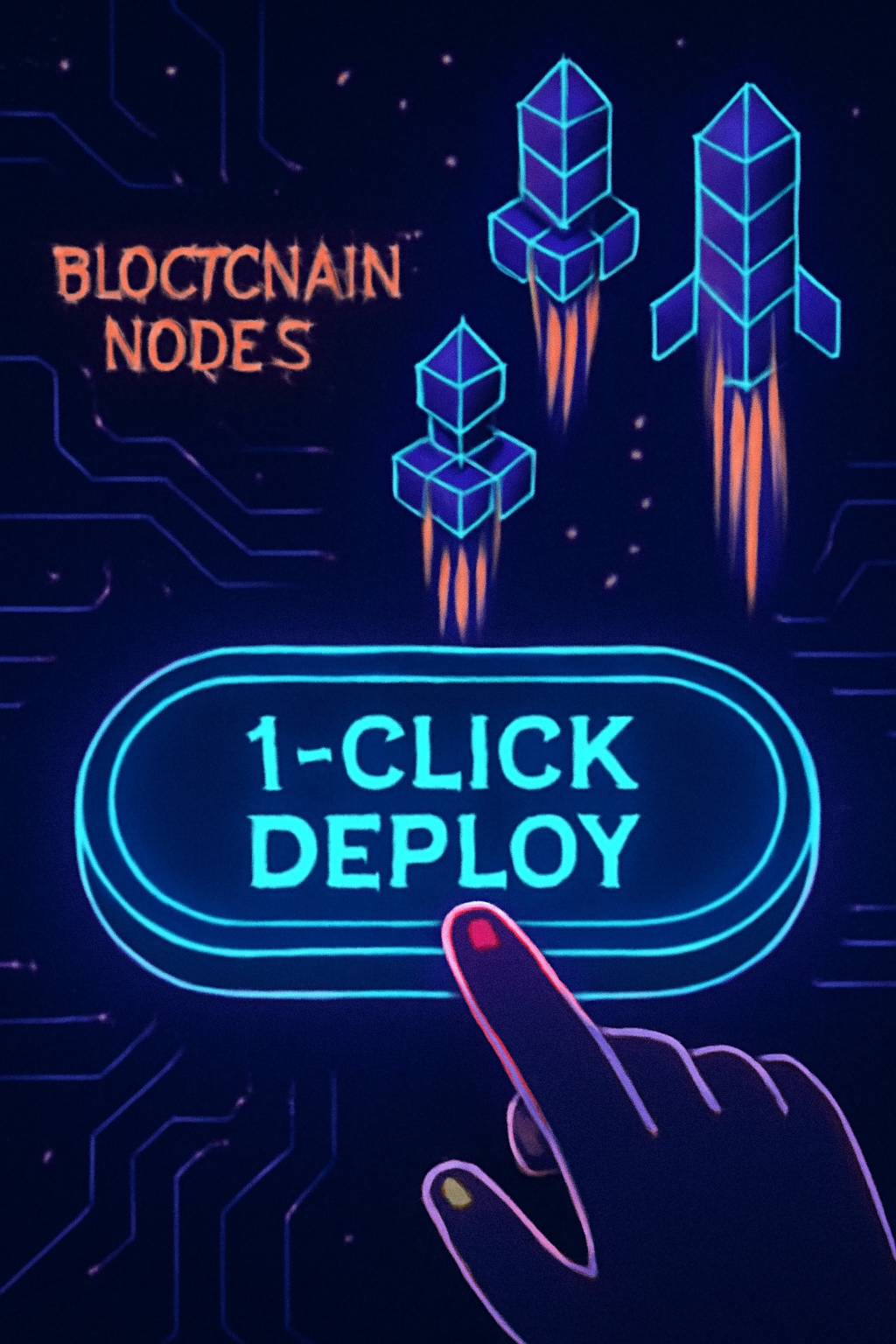 big glowing one-click deploy button launching blockchain nodes animation cyberpunk style