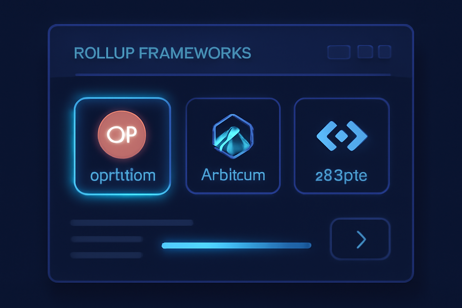 sleek dashboard interface selecting rollup frameworks like Optimism Arbitrum ZKSync icons glowing futuristic UI