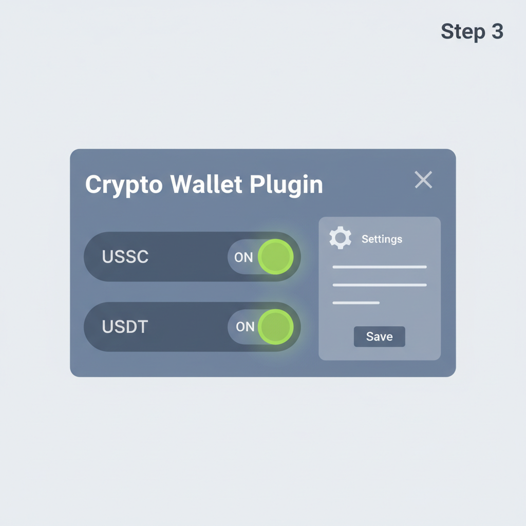 crypto plugin dashboard with USDC USDT toggles activated, settings panel