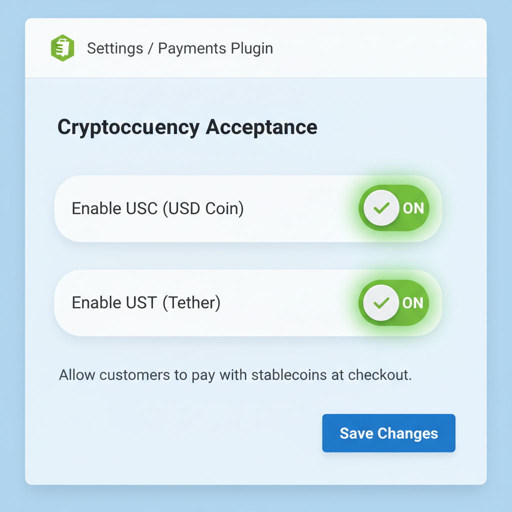 Shopify admin plugin config screen enabling USDC USDT, toggles highlighted