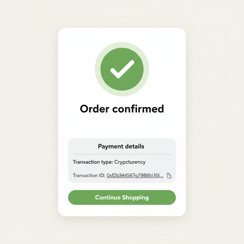 Shopify checkout success screen with green checkmark crypto tx hash