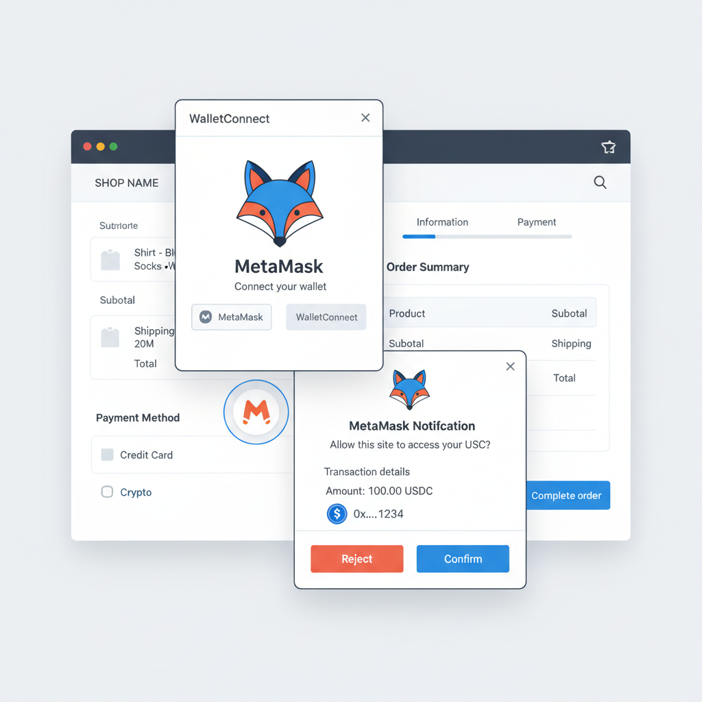 Wallet connect popup MetaMask approving USDC payment on Shopify checkout