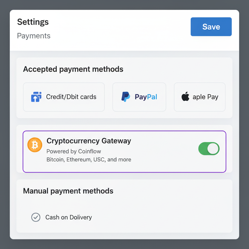 Shopify payments settings page with crypto gateway added to checkout