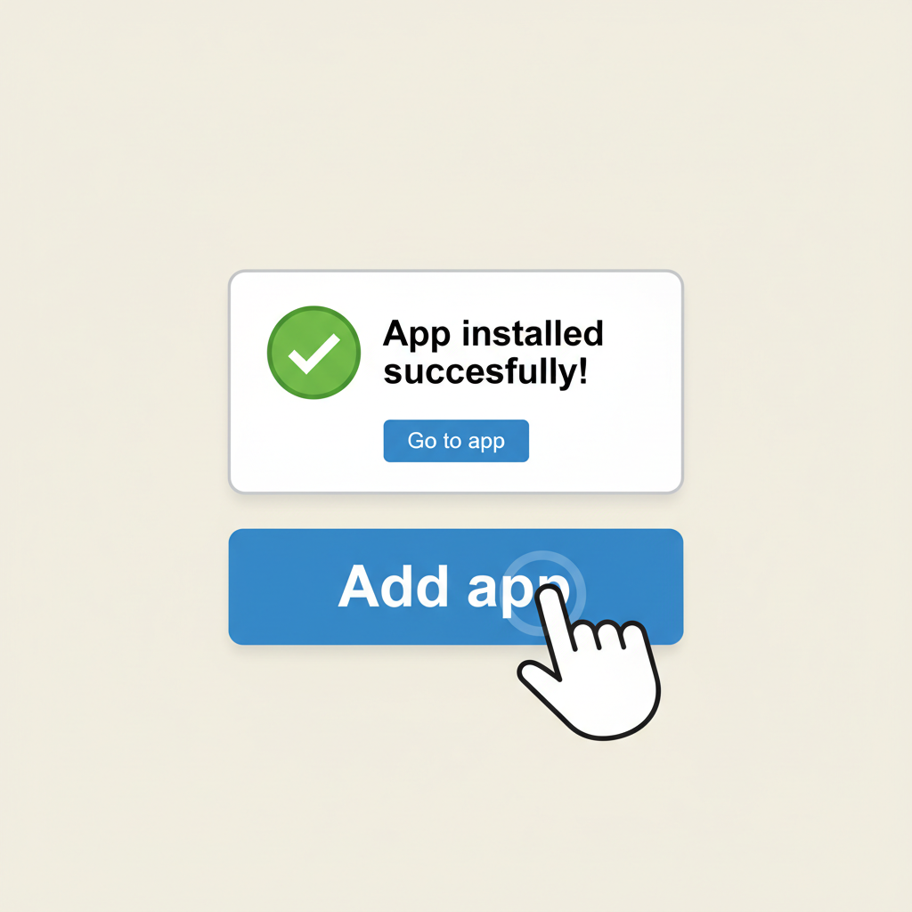Shopify app install button pressed, confirmation popup, green checkmark