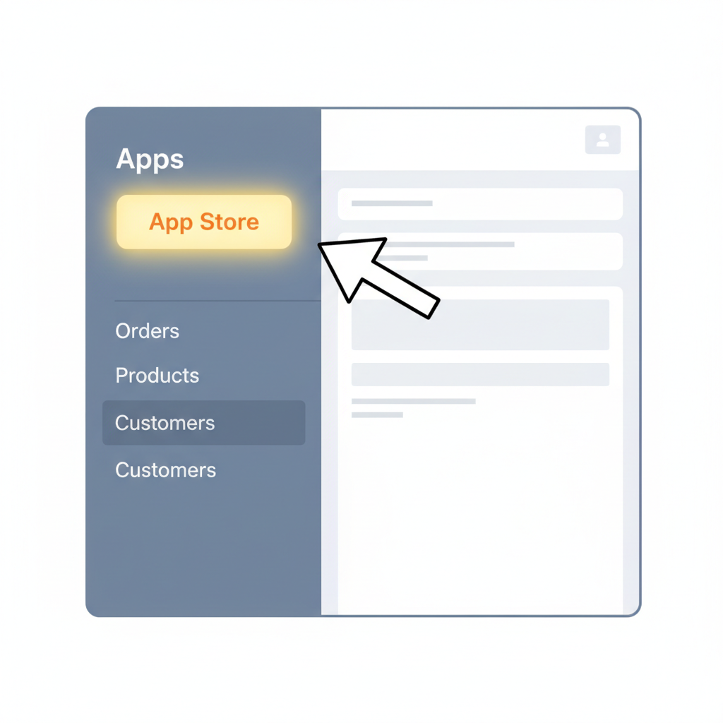 Shopify admin sidebar with Apps highlighted, app store button glowing