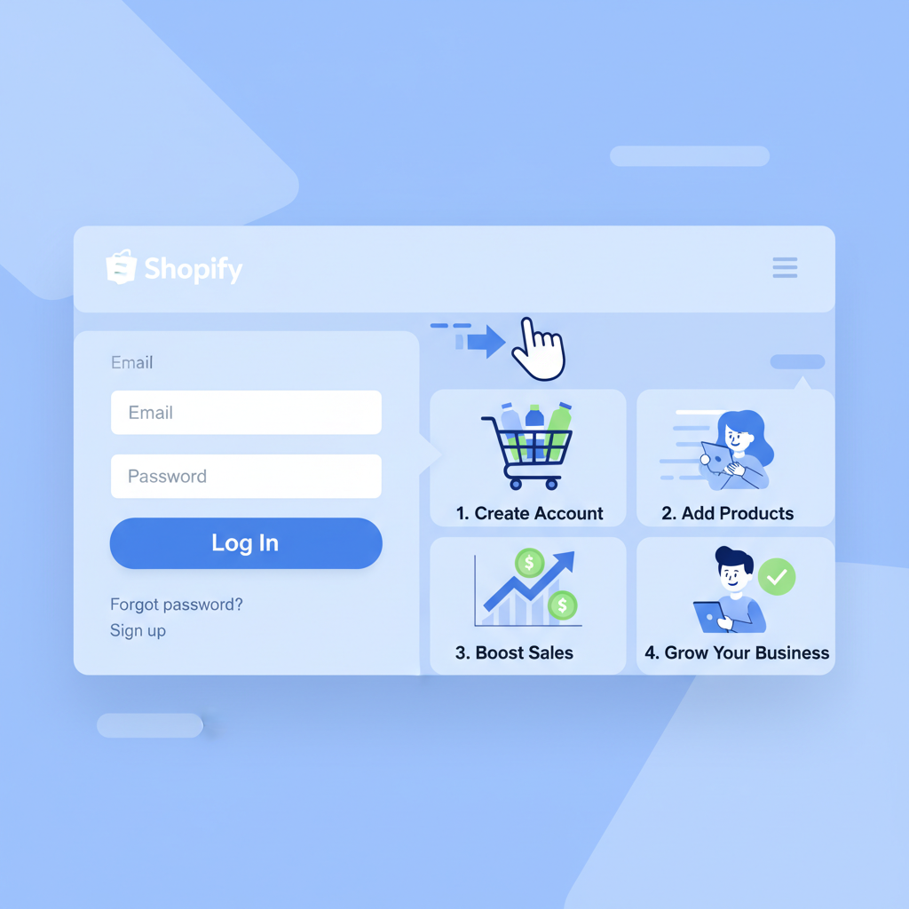 modern Shopify admin login dashboard, clean blue UI, fast-paced vibe