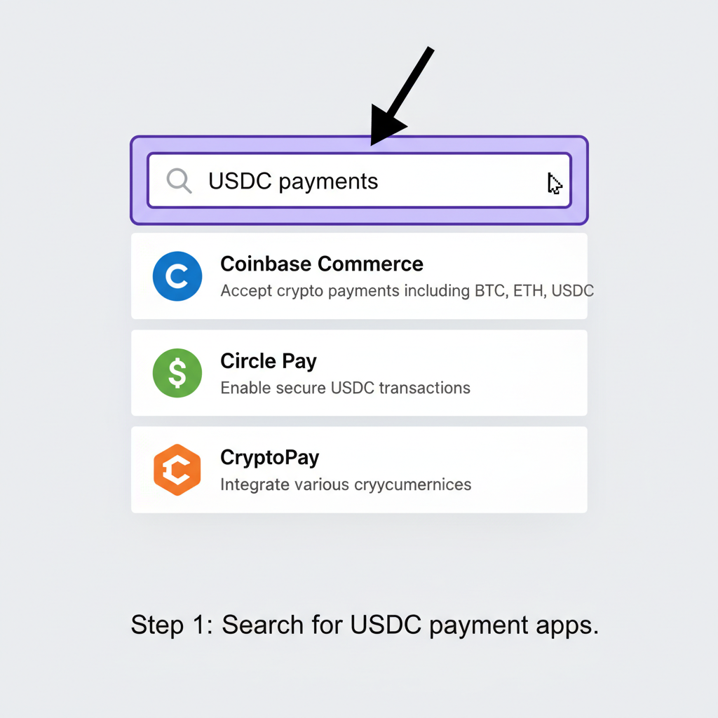 Shopify App Store search bar with 'USDC payments' query, plugin results