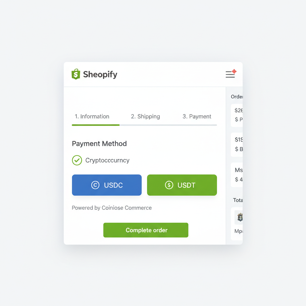 Shopify checkout page crypto payment option selected USDC USDT buttons