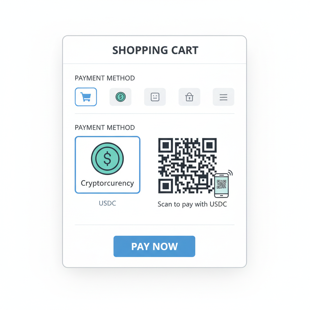 Shopify checkout with USDC payment option selected, wallet QR code