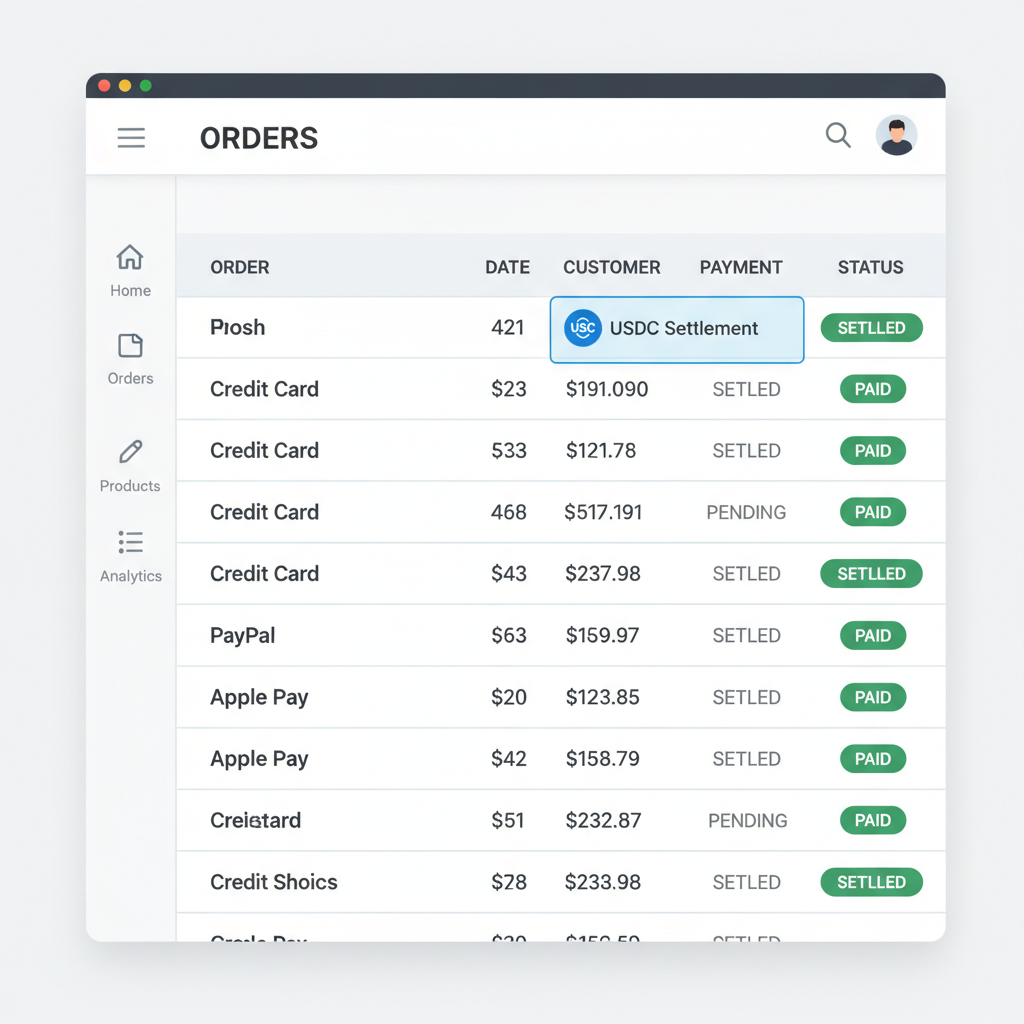 Shopify admin dashboard orders table with USDC payment highlighted settlements