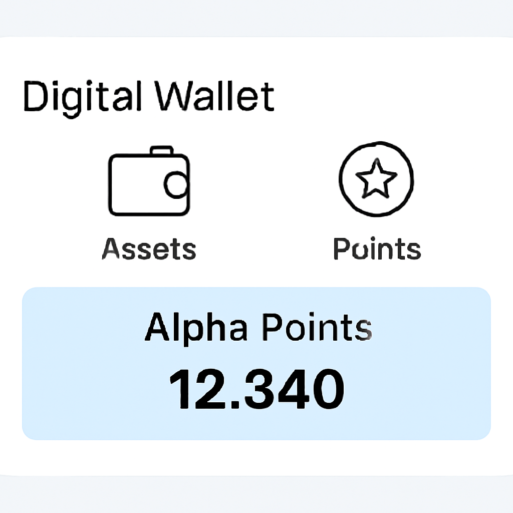 A digital wallet interface showing a highlighted Alpha Points balance, with icons for assets and points, professional and clean design