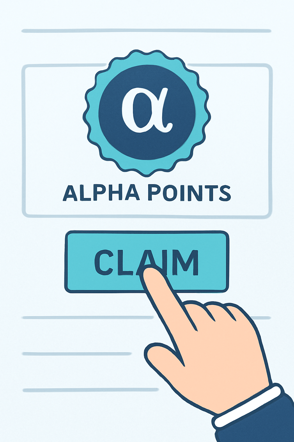 A hand tapping a 'Claim' button on a digital screen, with a highlighted Alpha Points badge, sleek and modern UI