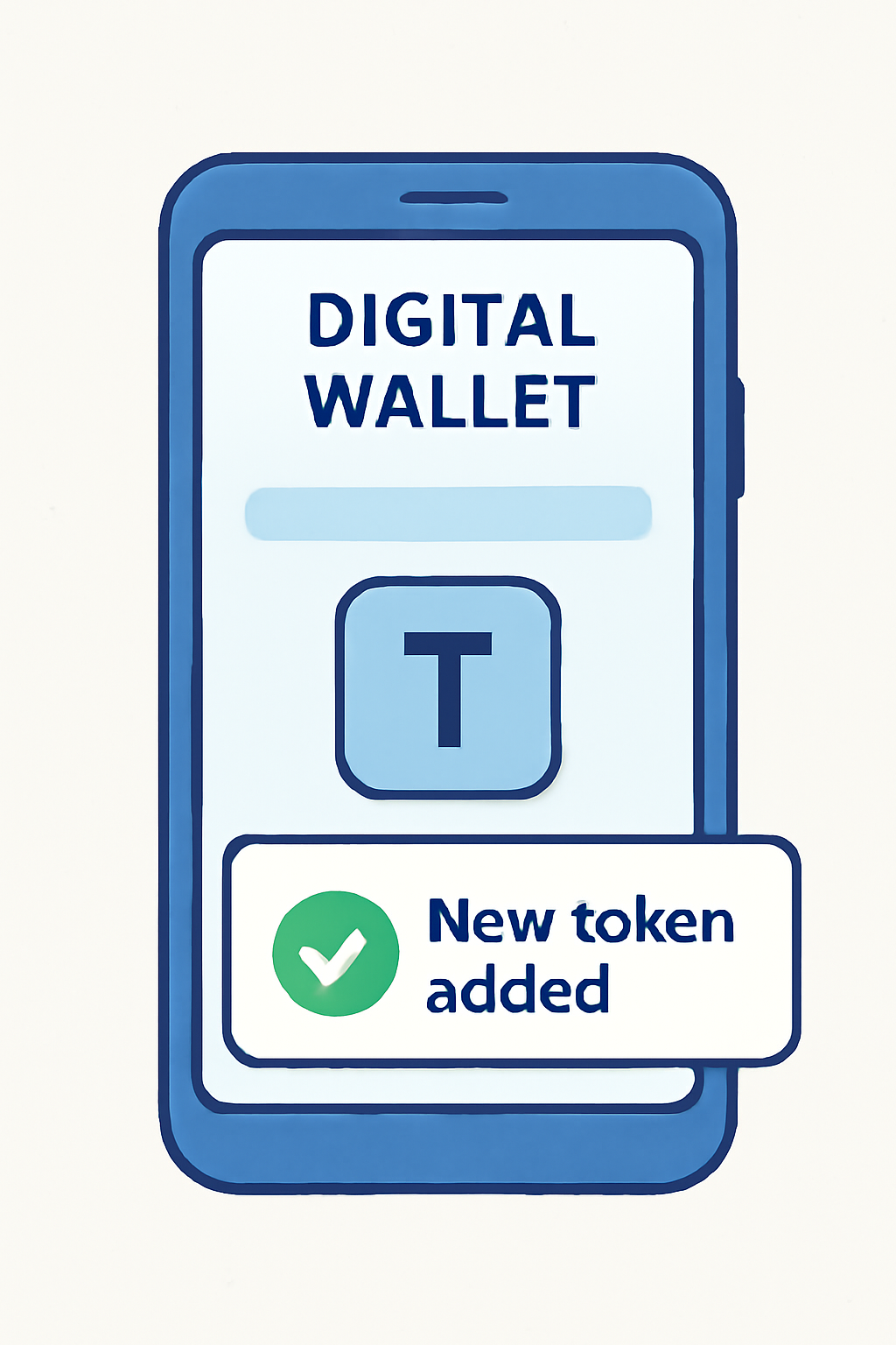 A digital wallet showing a new token added, with a checkmark and confirmation notification, clean and reassuring