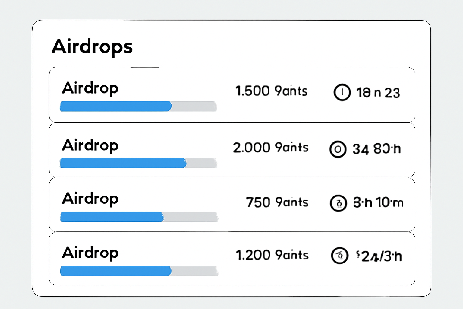 A dashboard listing multiple airdrop events, each with a progress bar, points requirement, and countdown timer, clear and organized layout