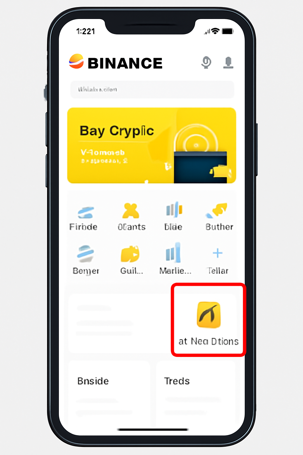A smartphone displaying the Binance app home screen with the 'Alpha Events' icon highlighted, modern UI, clear and bright colors