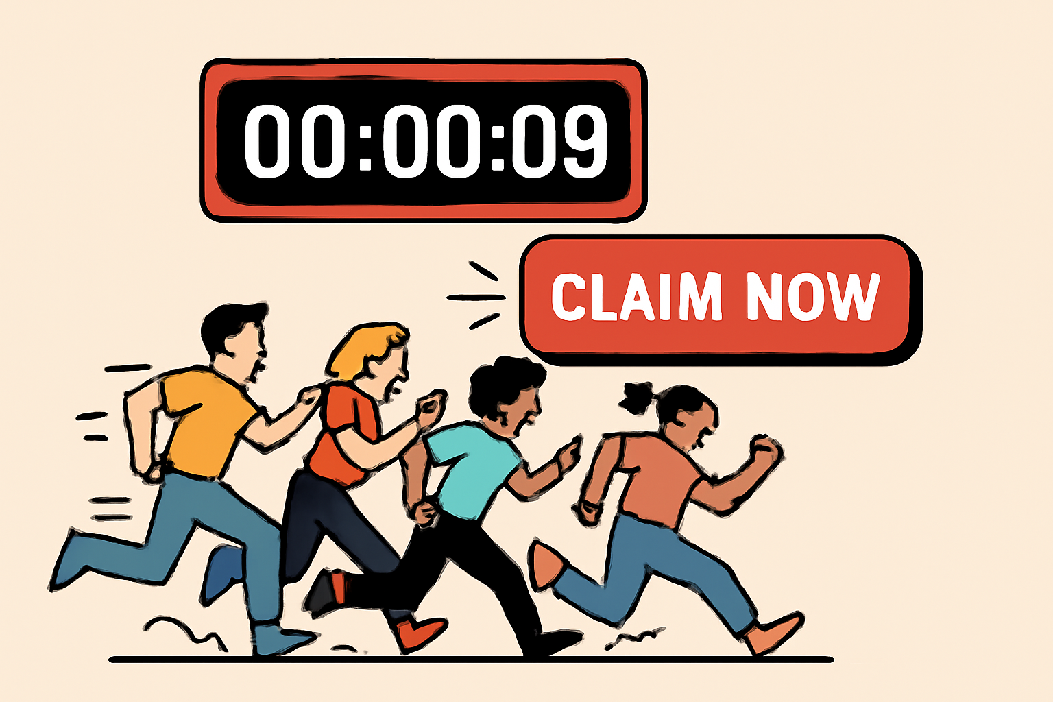A digital countdown timer and a 'Claim Now' button, with users racing to claim, energetic and urgent atmosphere
